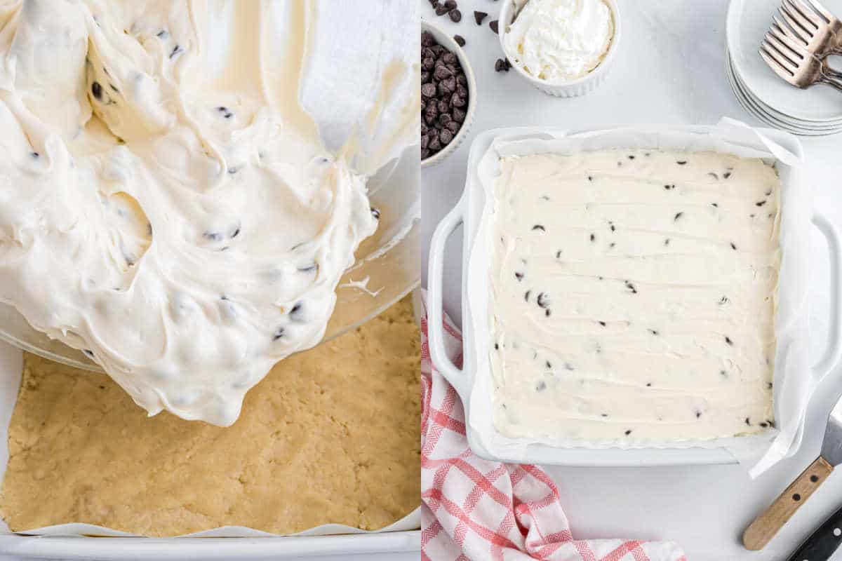 Spreading chocolate chip cheesecake batter over crust in a white baking dish, overhead view.
