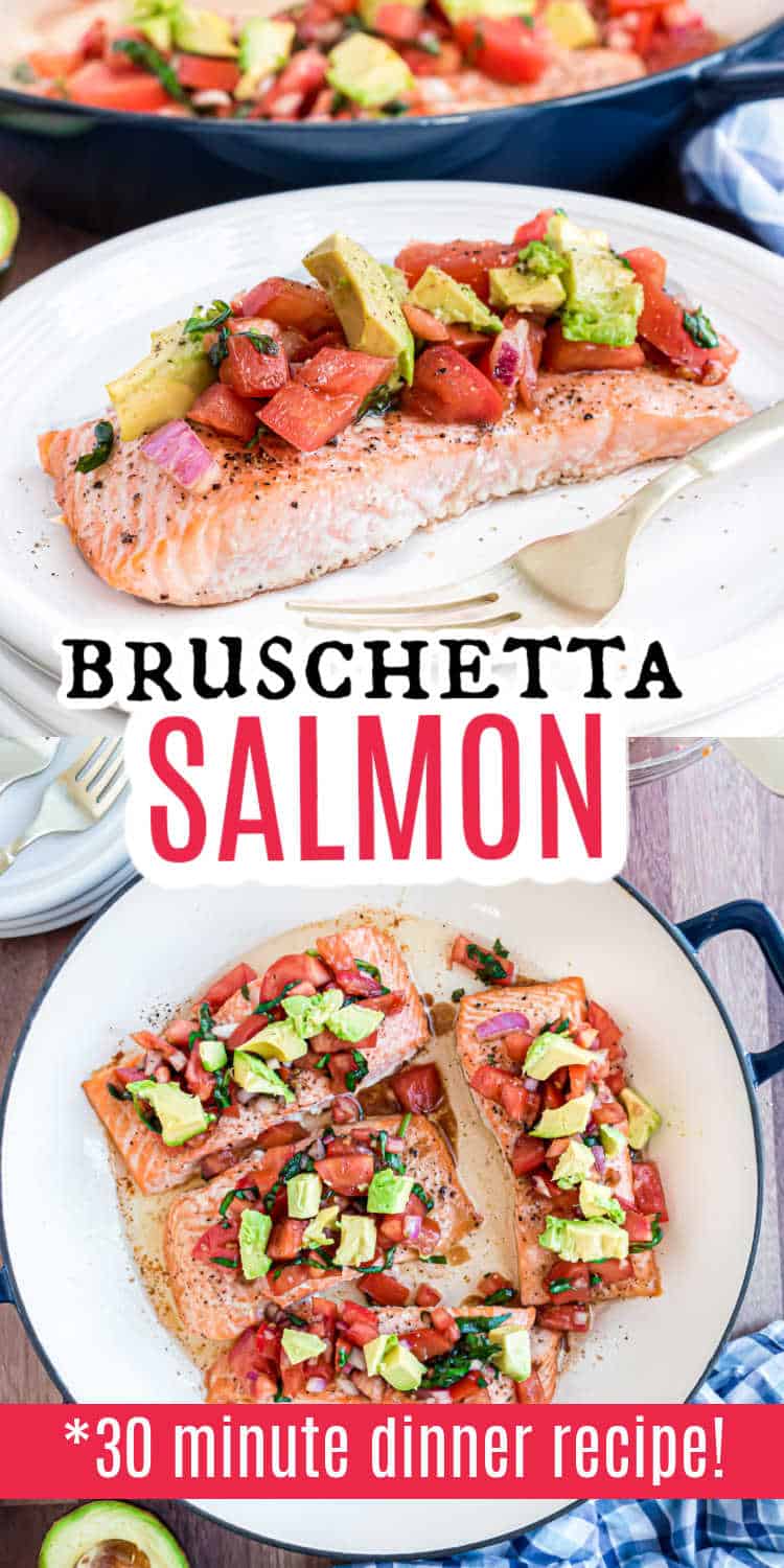 Two plates with salmon fillets topped with bruschetta mix of tomatoes, avocado, and herbs; text reads Bruschetta Salmon.
