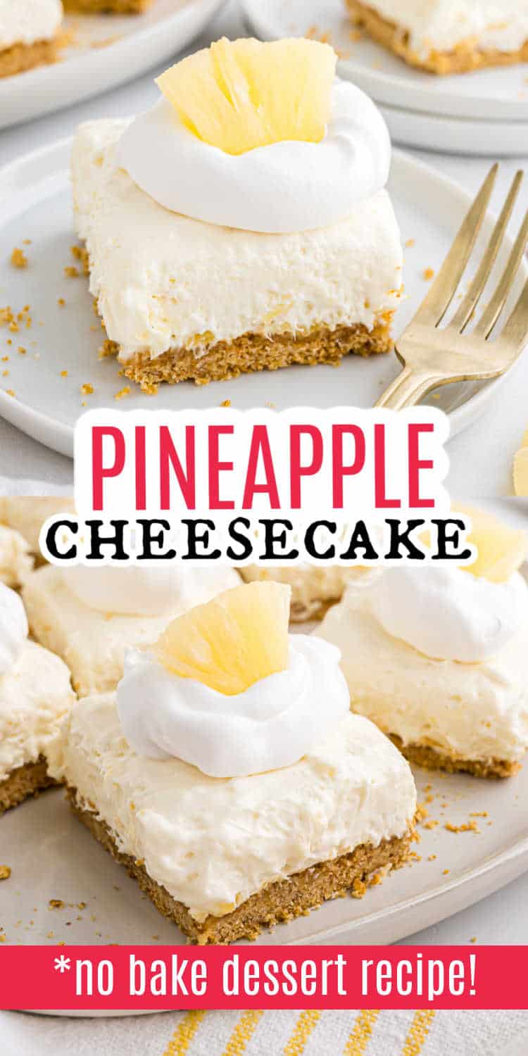 No-bake pineapple cheesecake bars topped with whipped cream and pineapple, served on plates with a fork.