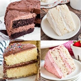 A collage of four different flavors of cake slices, each with frosting or sprinkles, on plates.