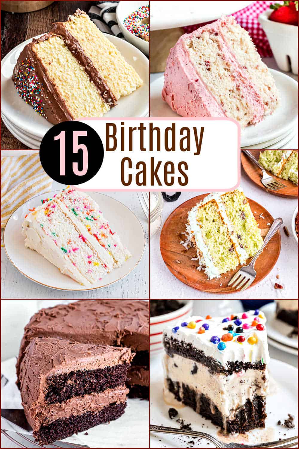 Collage of six different birthday cake slices, each with various frostings and decorations.