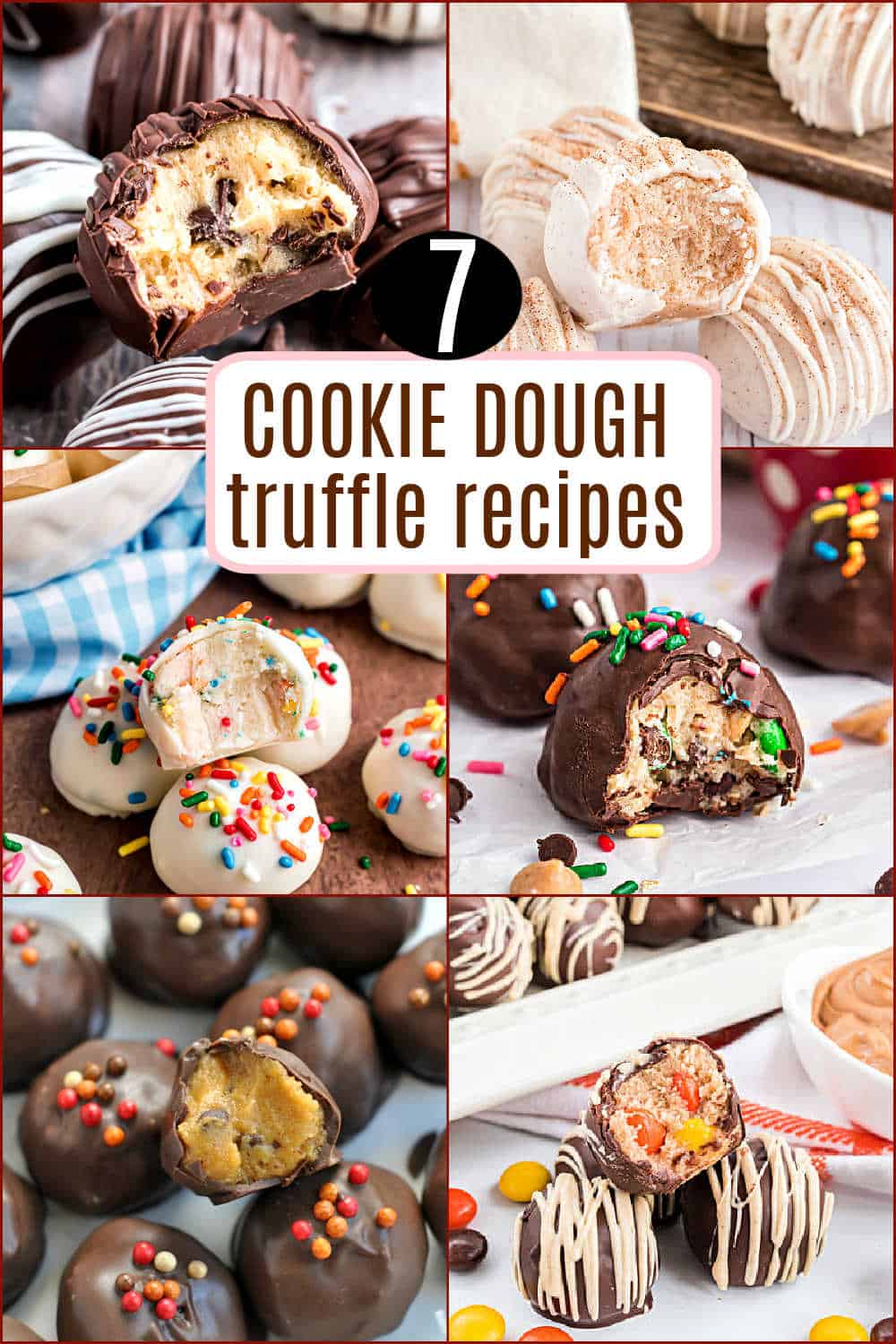 Collage of seven different decorated cookie dough truffles with various coatings and colorful sprinkles.