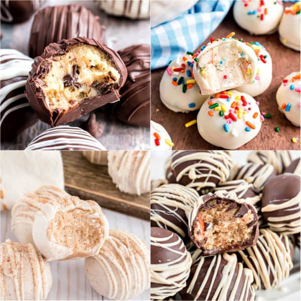 Four types of cake balls, including chocolate chip, funfetti, cinnamon spice, and double chocolate drizzled truffles.