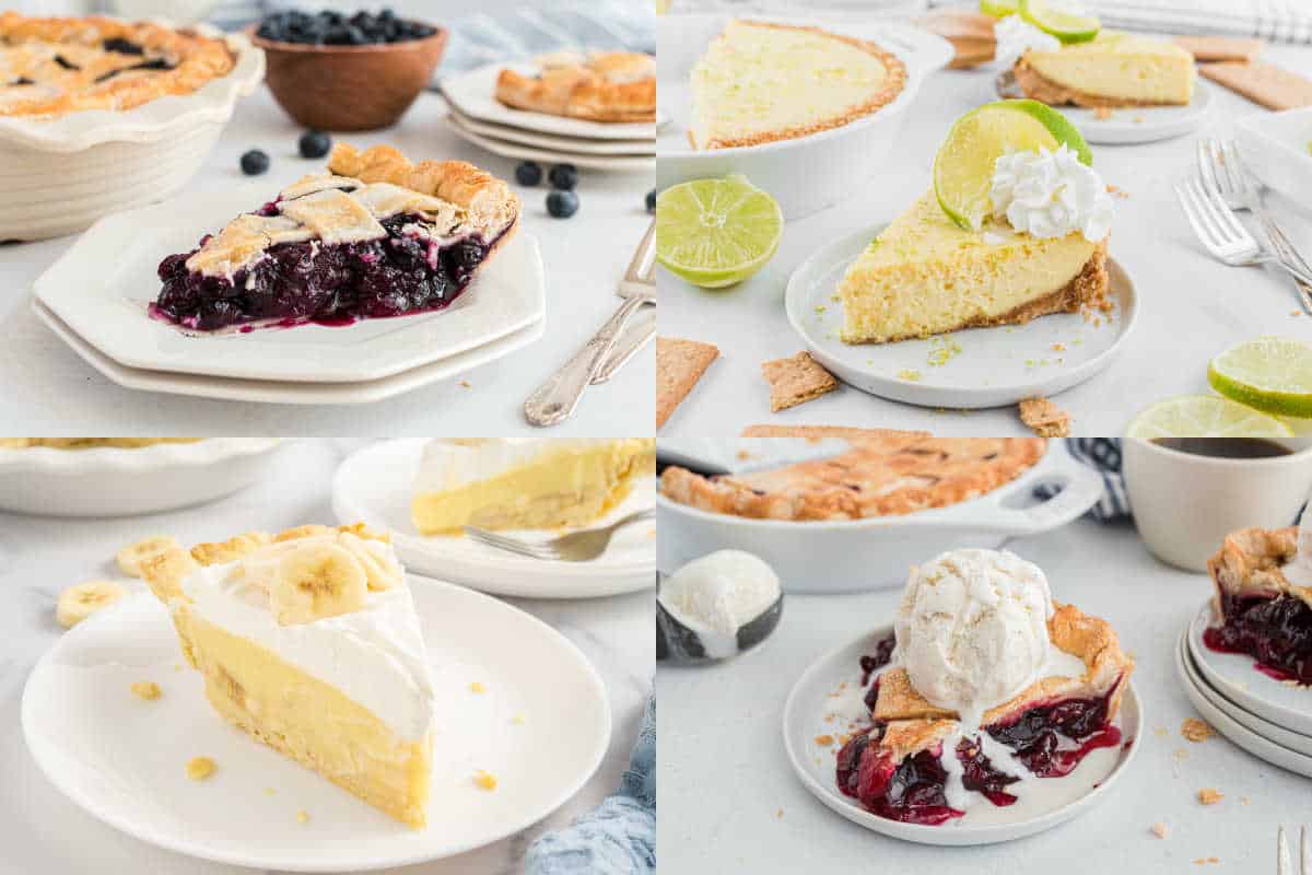 Four types of pie slices on plates: blueberry, key lime, banana cream, and a berry pie with ice cream.