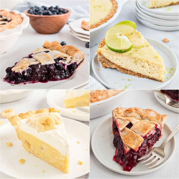 Four slices of pie: blueberry, key lime, banana cream, and cherry, each on a white plate.