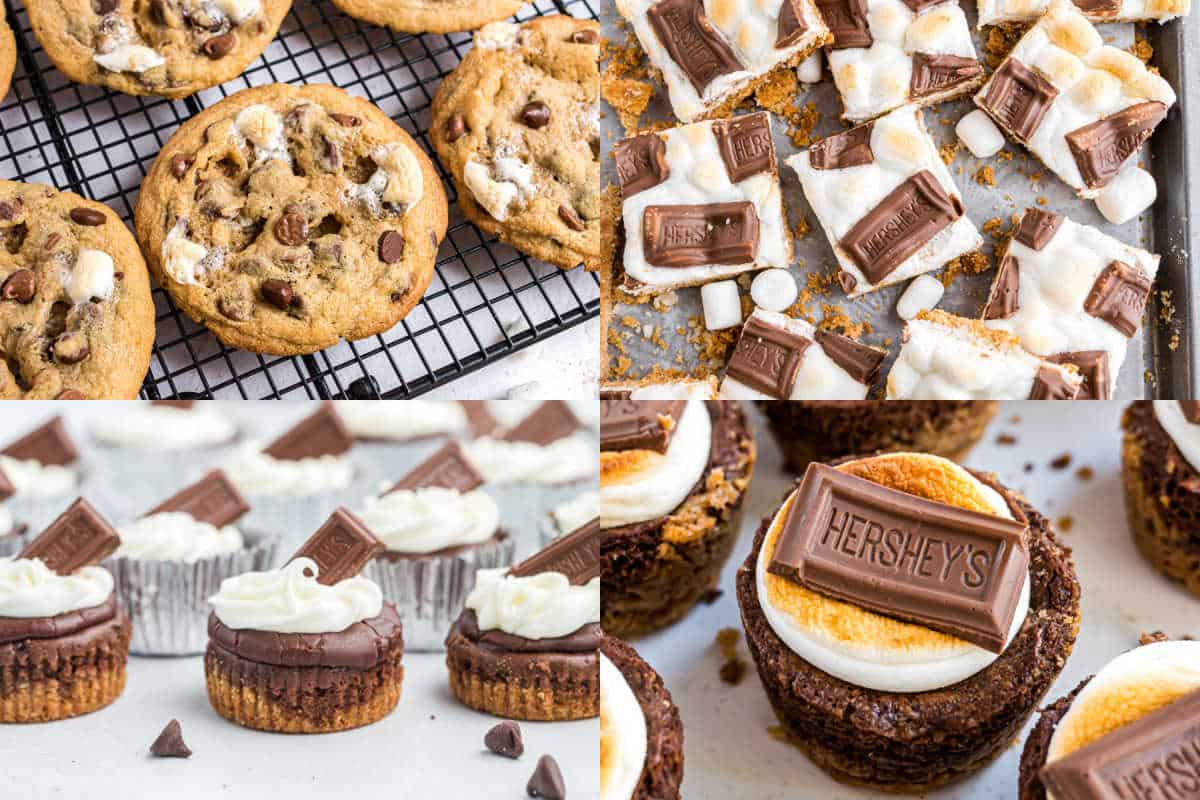 A collage of s’mores-inspired desserts: cookies, bars, cupcakes, and mini cheesecakes topped with chocolate.