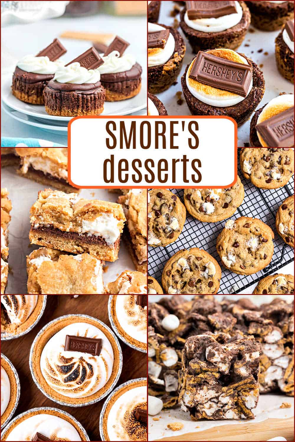 Collage of various smores desserts, including cookies, bars, tarts, and brownies with chocolate and marshmallows.