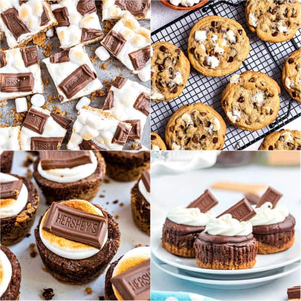 Four types of smores desserts with chocolate, marshmallows, and graham crackers, arranged in a collage.