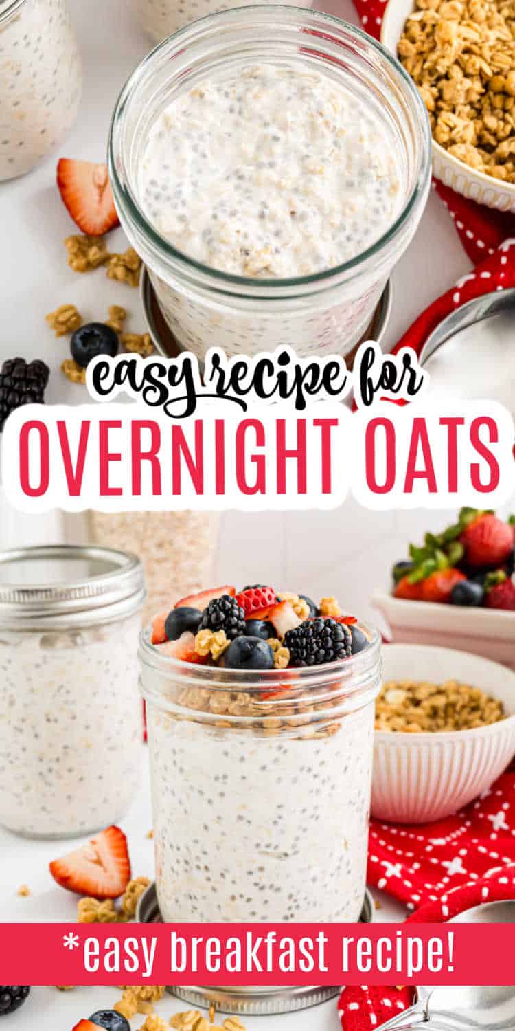 Jar of overnight oats topped with berries, with granola and fruit on the side, labeled as an easy recipe.