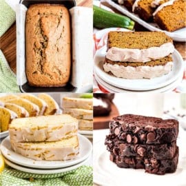 Four types of sweet loaf slices on plates, including chocolate, lemon, and frosted zucchini bread—perfect examples of delicious zucchini bread recipes for any occasion.