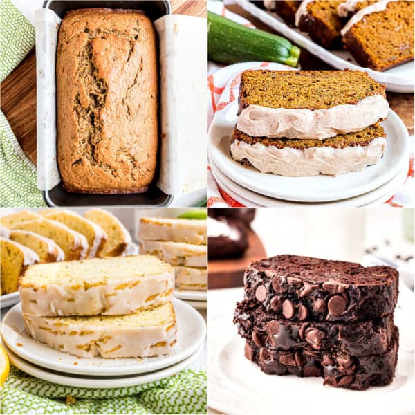 Four types of sweet loaf slices on plates, including chocolate, lemon, and frosted zucchini bread—perfect examples of delicious zucchini bread recipes for any occasion.