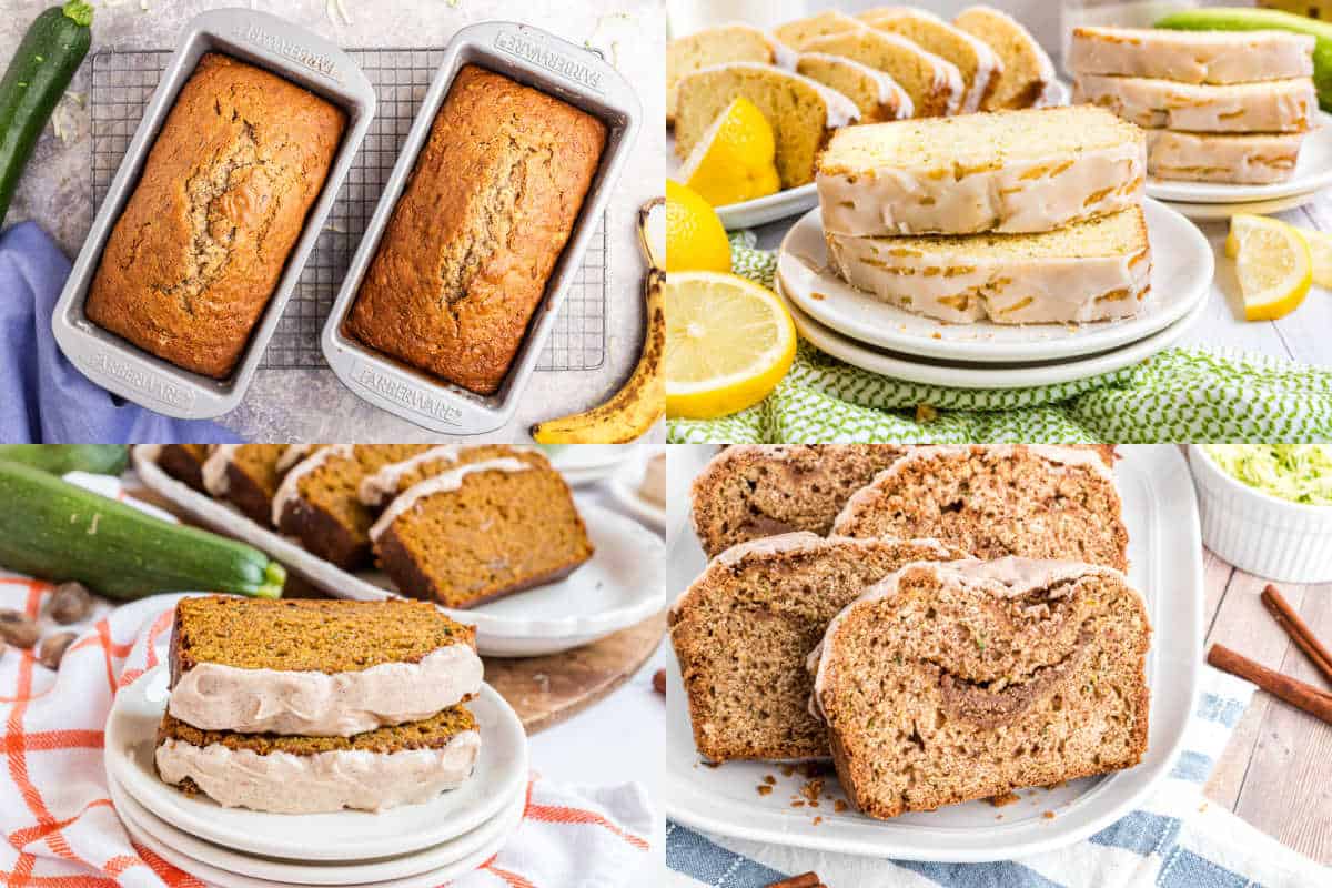 Four images of homemade zucchini bread, some glazed and some sliced, served on plates and cooling racks—perfect inspiration if you’re searching for delicious new zucchini bread recipes.