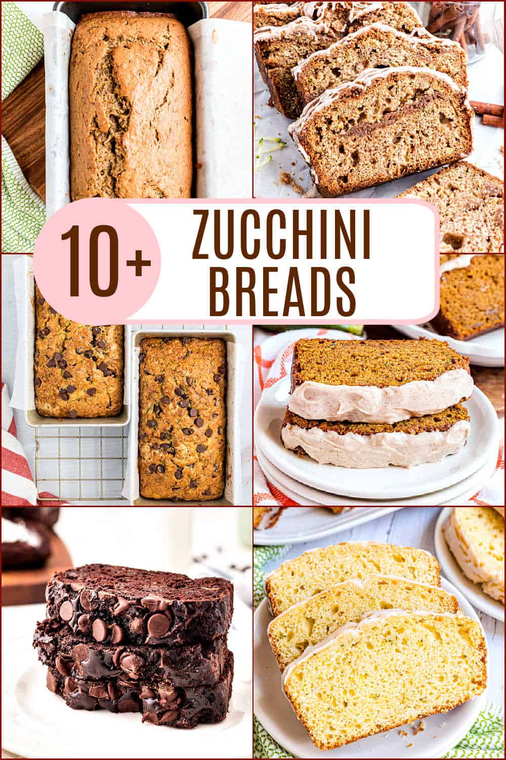 Collage of various zucchini bread recipes, including frosted, chocolate chip, and classic loaves, with text overlay.