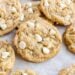 Close-up of white chocolate chip coconut cookies on a parchment-lined surface.